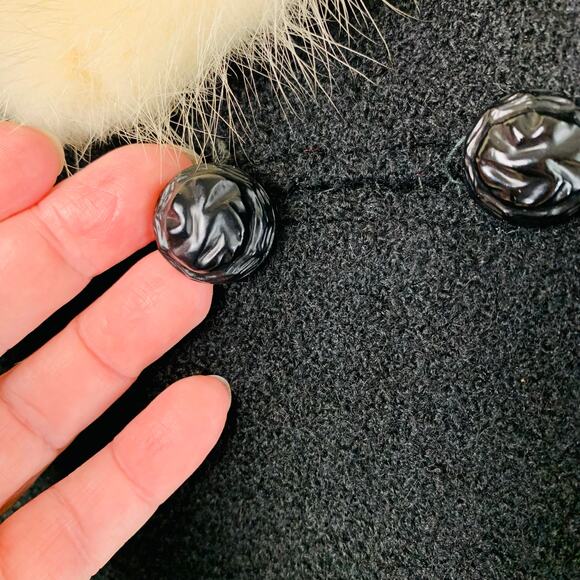 Vintage Forstmann Large Wool Coat Real Fur Collar Black Bouclé Double Breasted - Picture 6 of 10